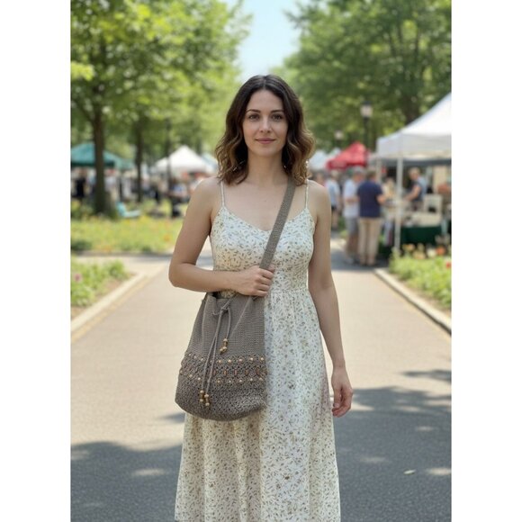 Bucket Bag Olive Crochet Shoulder Bag With Wooden Bead Details 31" Length - Picture 1 of 6